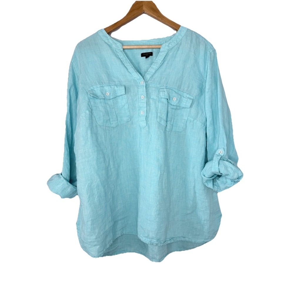 TALBOTS Top Womens 2XL  Blue Linen Roll Tab Sleeve Popover Shirt Coastal Classic